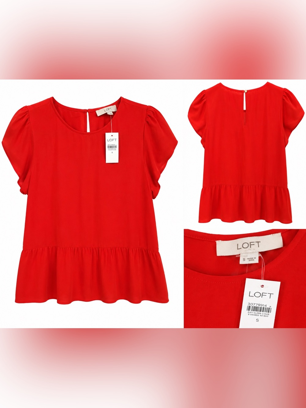 LOFT Red Flutter Sleeve Peplum Blouse NWT Size Small